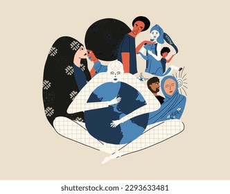 The concept of Cosmopolitanism, tolerance. The relationship of people of different nationalities and cultures. Hand drawn illustration
