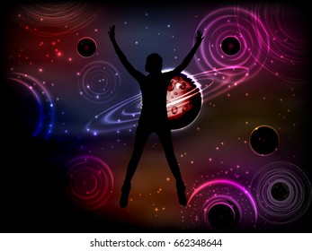 Concept cosmos inside us. yoga. statuses. The girl is silhouetted. Small door to space space. Illustration, vector for your design