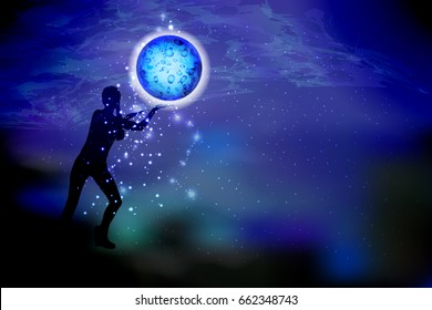 Concept cosmos inside us. yoga. statuses. Girl silhouette space hold the moon in her hands. Illustration, vector for your design