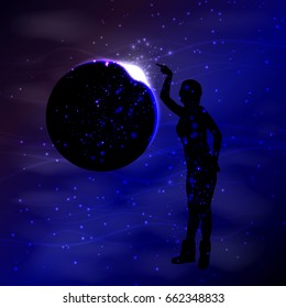Concept cosmos inside us. yoga. statuses. Girl silhouette and space. Illustration, vector for your design
