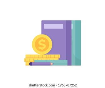 the concept of the cost of education, school budgets, costs for college. illustration of book, ruler, coins, pencil. education and finance. flat style. vector design