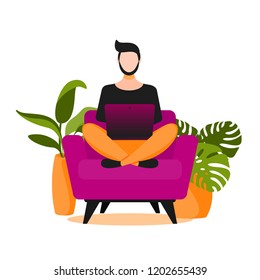 Concept of couchsurfing character or freelancer. Man sitting on couch and chatting on social media with laptop.