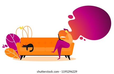 Concept of couchsurfing character. Man on couch searching with laptop a place to travel. Vector illustration in modern flat style
