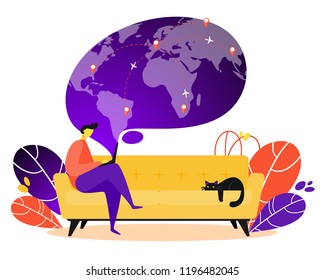 Concept of couchsurfing character. Man on couch searching with laptop a place to travel. Vector illustration in modern flat style