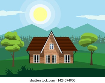 The concept of country house against the background of mountains. House with rocky mountains backdrop. Flat style vector illustration.