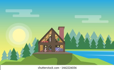 The concept of country house in the mountains. Beautiful background with modern designer's house. Flat style vector illustration.