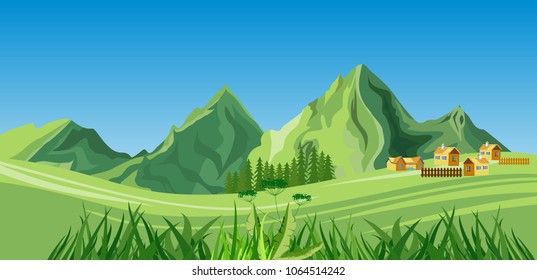 Concept countryside vector view, farm houses, in mountains valley, gren hills and mountains, grass, highlands