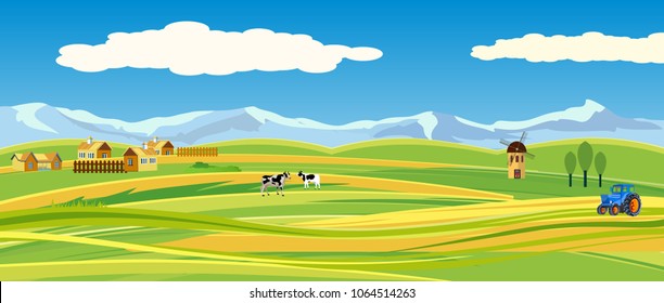 Concept countryside vector view, farm houses, horses and cows, livestock, tractor, mills, mountains
