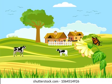 Concept countryside vector view, farm houses, horses and cows, livestock, tractor, green hills, flowers, butterfies, fresh agro products