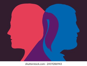 Concept of couple life with the profile of a man and a woman which symbolizes both union and differences.