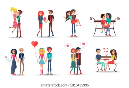 Concept of couples in love on white background vector illustration. Adult man and woman holds hands, gives presents, sits on dark bench.