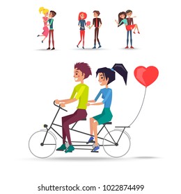 Concept of couples in love ride bicycle with red balloon in shape of heart, gives red flowers and cuddling vector illustration.