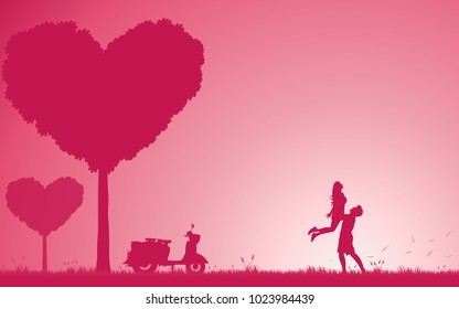 Concept couples valentine's day. Love of couple silhouette on nature sweet color. Man and woman happiness in valentine's day. Illustration vector flat design