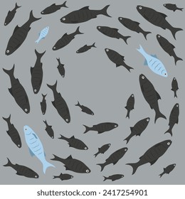 Concept of courage, confidence, success, crowd and creativity. One unique fish swims opposite from identical black ones. EPS 10.