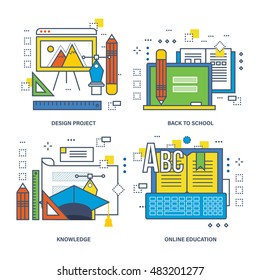 Concept of course program, innovation, design training, mobile learning. Color Line icons collection.