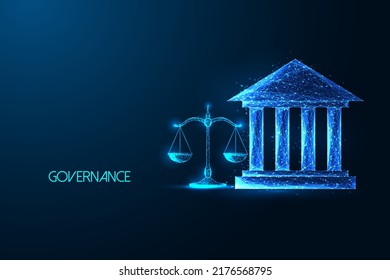 Concept of court, law regulations, compliance with court building and justice scale on dark blue 