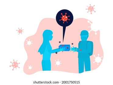 Concept Covid 19, delivery staff, contagious disease. Vector flat style.  Male delivery man wearing mask handing in box to young woman who is not wearing mask. Illustration for COVID, germ, epidemic 
