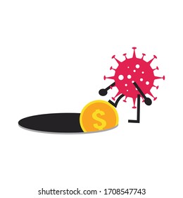 Concept of COVID-19 corona virus impact to businessman. Investor lost all their assets concept. Financial crisis help policy. Dollar coins kicked to valley by coronavirus pathogen.