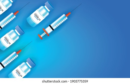 The concept of the Covid-19 coronavirus. vaccine bottle and syringe on blue background