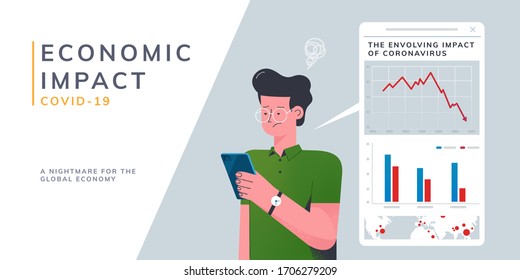 Concept of COVID-19 impact on global economy, with a young man getting upset due to the dramatic plunge on stock market