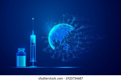 Concept Of Covid-19 Vaccination Medical Technology, Graphic Of Syringe, Vaccine Bottle And Dotted Virus Combined With Globe