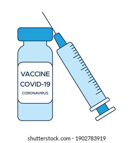 Concepto Vacunación COVID-19, un vial de vacuna y una jeringa, un afiche médico en tonos azules. Ilustración vectorial al estilo de un icono plano aislado en un fondo blanco