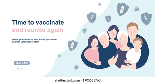 Concept Of Covid19 Vaccine. Vaccination Of Older Adults And Family Members, Immunizing Population. Flat Vector Illustration Banner