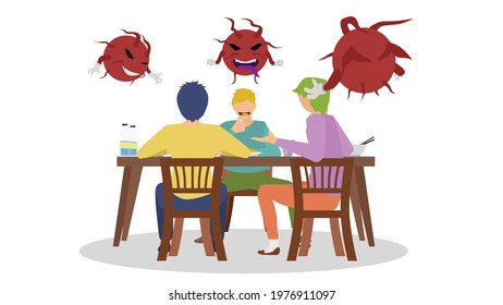 Concept of Covid-19 virus. Three men were friends eating together. Live close to each other without virus protection equipment.