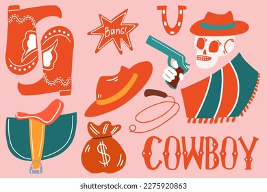 The concept of the cowboy and the wild West. Various objects. Cowboy boots, gun, skull.