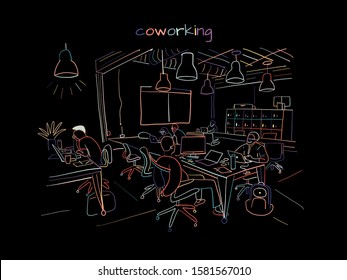 Concept of the coworking center. Business meeting. Shared working environment. People talking and working at the computers in the open space office. Sketch for your design. Vector illustration