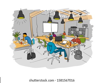Concept of the coworking center. Business meeting. Shared working environment. People talking and working at the computers in the open space office. Sketch for your design. Vector illustration