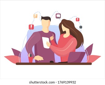 Concept of the coworking center. Business meeting. Shared working environment. People talking and working at the computers in the open space office. Flat design style. Man and woman at business
