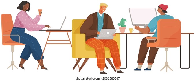 Concept of coworking center. Business meeting. Shared working environment. People talking and working at computers in open space office. Creative people in office have idea working together