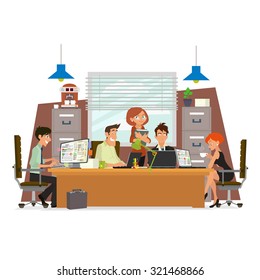Concept Of The Co-working Center. Business Meeting. Shared Working Environment. People Work, Discuss And Communicate In The Office. Vector Illustration. Open Space Office Building With Working People.