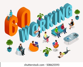 Concept of the coworking center. Business meeting. Shared working environment. People talking and working at the computers in the open space office. 