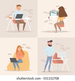 Concept of the coworking center. Business meeting. Flat design style vector illustration. Freelancers working in creative space. Modern office interior. Application development