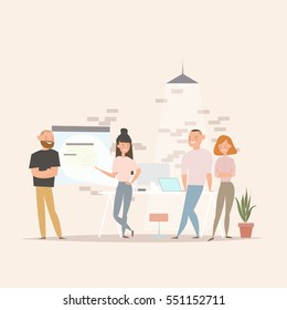 Concept of the coworking center. Business meeting. Flat design style vector illustration. Freelancers working in creative space. Modern office interior. Application development