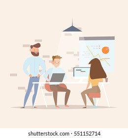 Concept of the coworking center. Business meeting. Flat design style vector illustration. Freelancers working in creative space. Modern office interior. Application development