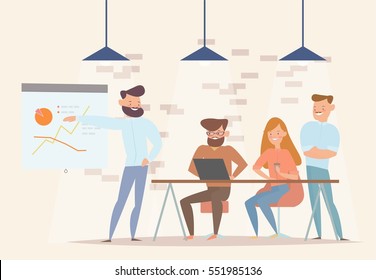 Concept of the coworking center. Business meeting. Flat design style vector illustration. Freelancers working in creative space. Modern office interior. Application development