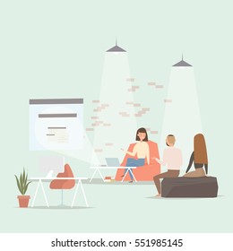 Concept of the coworking center. Business meeting. Flat design style vector illustration. Freelancers working in creative space. Modern office interior. Application development