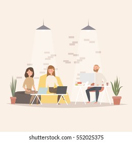 Concept of the coworking center. Business meeting. Flat design style vector illustration. Freelancers working in creative space. Modern office interior. Application development