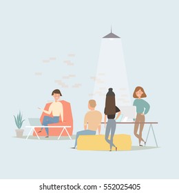 Concept of the coworking center. Business meeting. Flat design style vector illustration. Freelancers working in creative space. Modern office interior. Application development