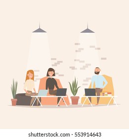 Concept of the coworking center. Business meeting. Flat design style vector illustration. Freelancers working in creative space. Modern office interior. Application development