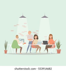 Concept of the coworking center. Business meeting. Flat design style vector illustration. Freelancers working in creative space. Modern office interior. Application development