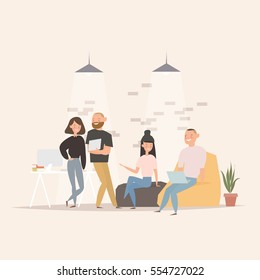 Concept of the coworking center. Business meeting. Flat design style vector illustration. Freelancers working in creative space. Modern office interior. Application development