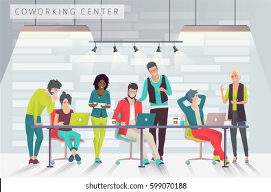 Concept of the coworking center. Business meeting. Multicultural team. Shared working environment. People talking and working  at the computers in the open space office. Flat design style. 
