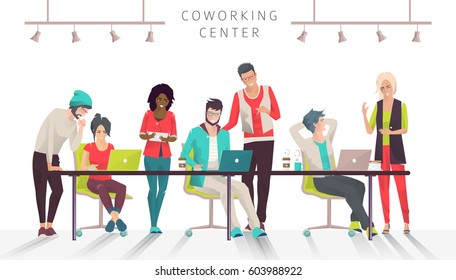 Concept Of The Coworking Center. Business Meeting. Multicultural Team. Shared Working Environment. People Talking And Working  At The Computers In The Open Space Office. Flat Design Style. 