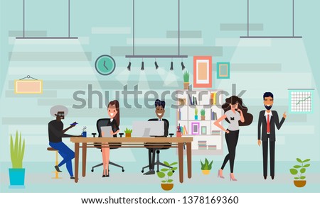 Concept of coworking center and communication. Vector of multicultural business people team talking and working at the computers in the open space office. 