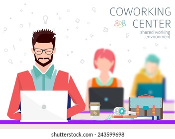 Concept of the coworking center. People talking and working  at the computers in the open space office. Flat design style. 