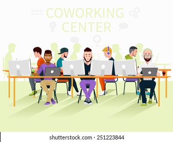 Concept of the coworking center. Shared working environment. Vector illustration. 